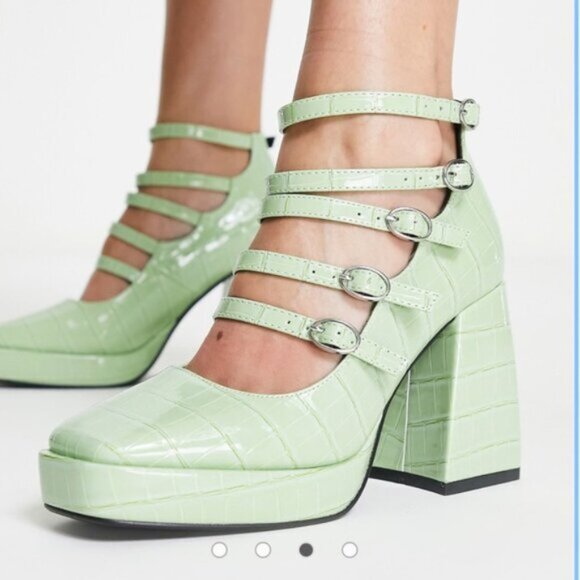 Daisy Street heeled shoes with strap detailing in sage green vinyl - Picture 3 of 13